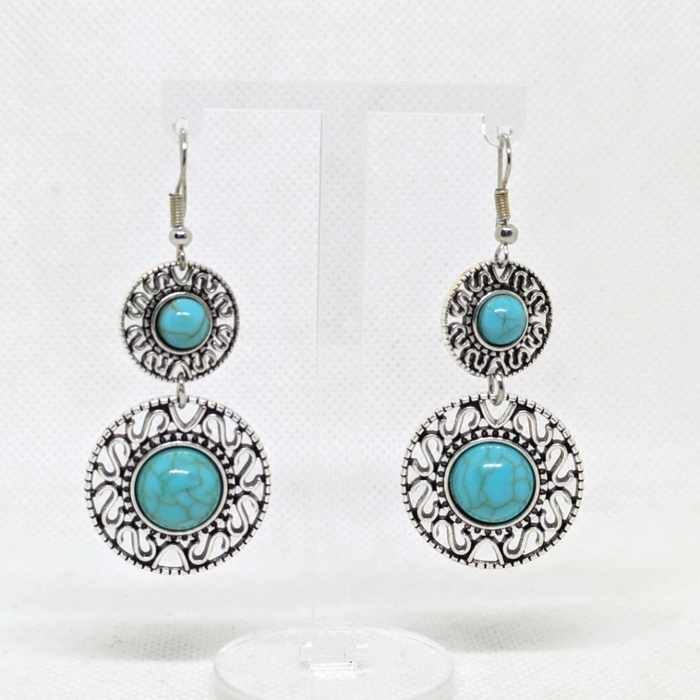 New Fabulous Dangle Earrings Silver Tone Filigree Discs Faux Turquoise Cabochon